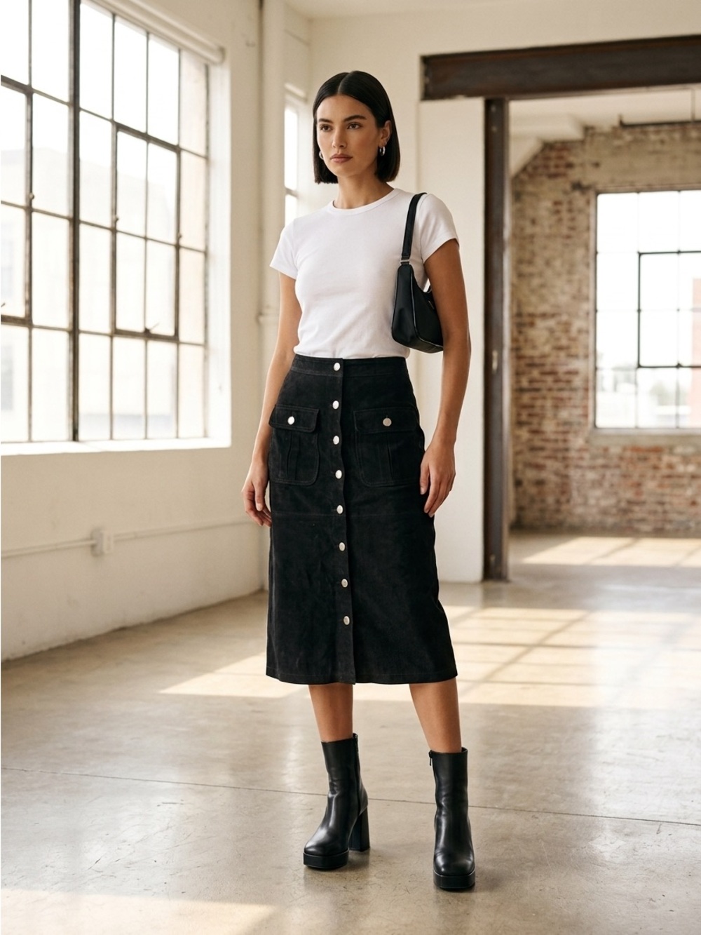 Black Leather Suede Button Front Midi Skirt - Small